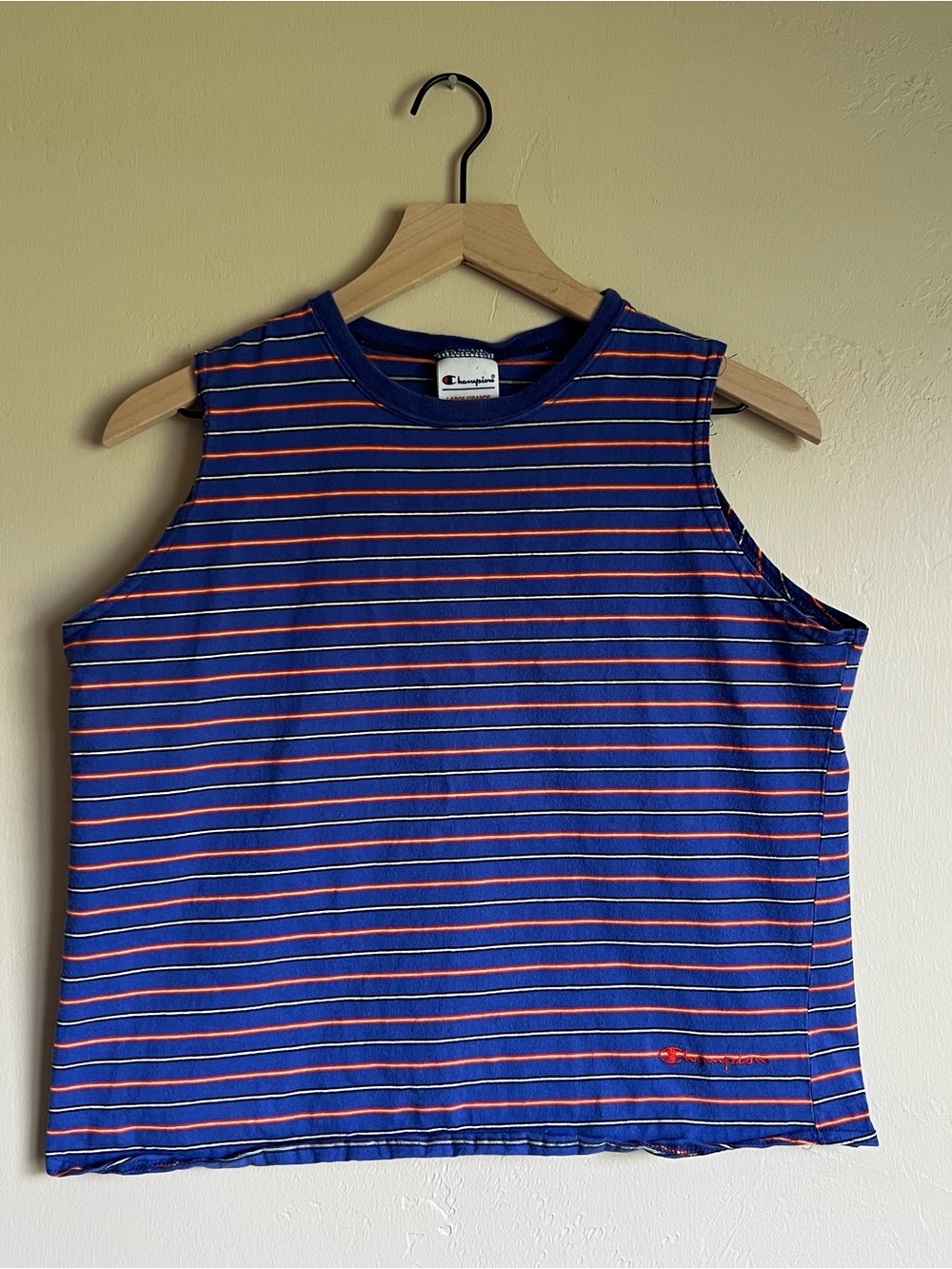 Champion Striped Sleeveless Tee — Blue with Red & Orange Stripes